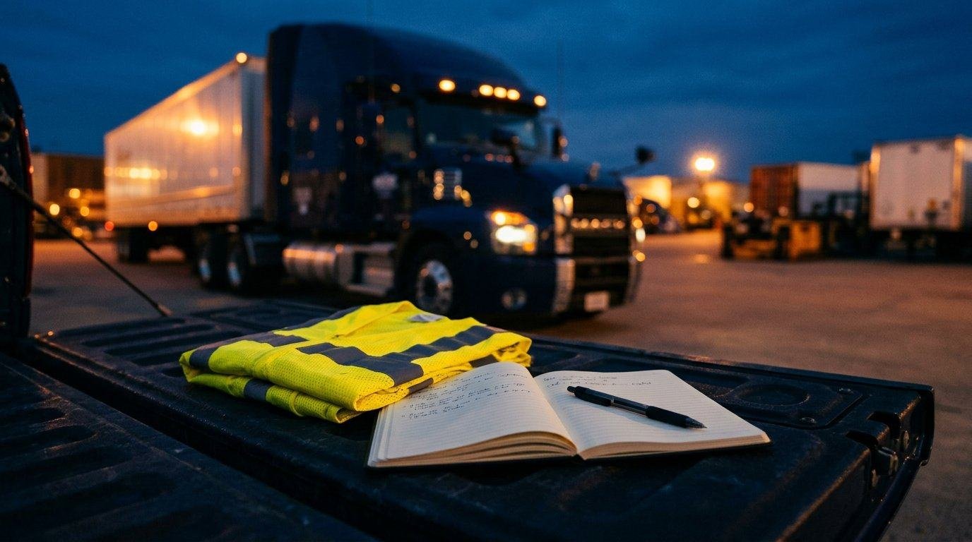 Colete de segurança e caderno sobre a carroceria de um caminhão