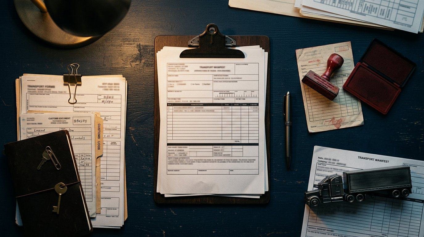 Documentos de transporte, prancheta e carimbo organizados sobre uma mesa